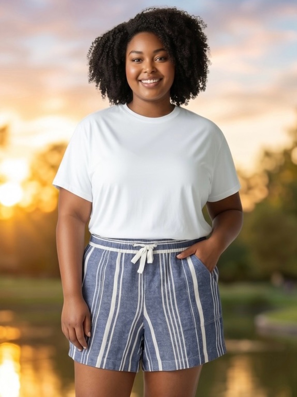 Nautica Linen Blend Blue White Striped Drawstring Shorts XL Pockets - Picture 1 of 7